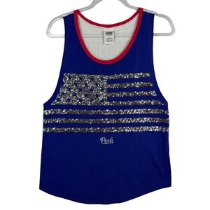 PINK Victoria's Secret‎ Bling American Flag Sequin Tank Top Patriotic Blue Red S